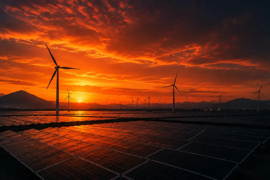 Solar photovoltaic panels and wind turbines supplying renewable energy
