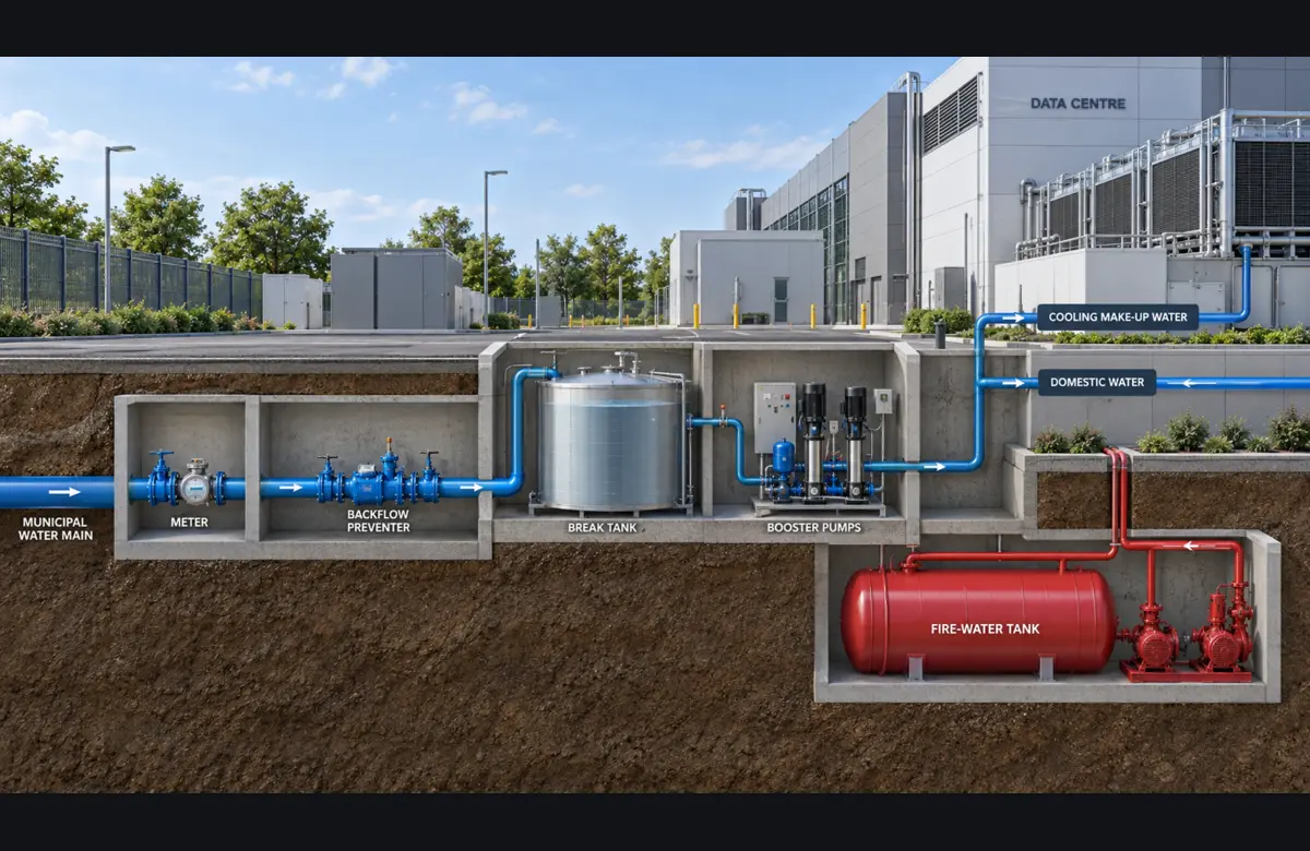 Data centre water connection, storage and distribution systems